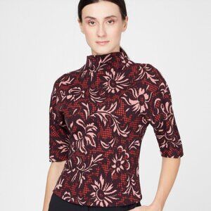 Pinko Women's Italian Burgundy Floral Patterned FItted Wool Turtleneck Size US8